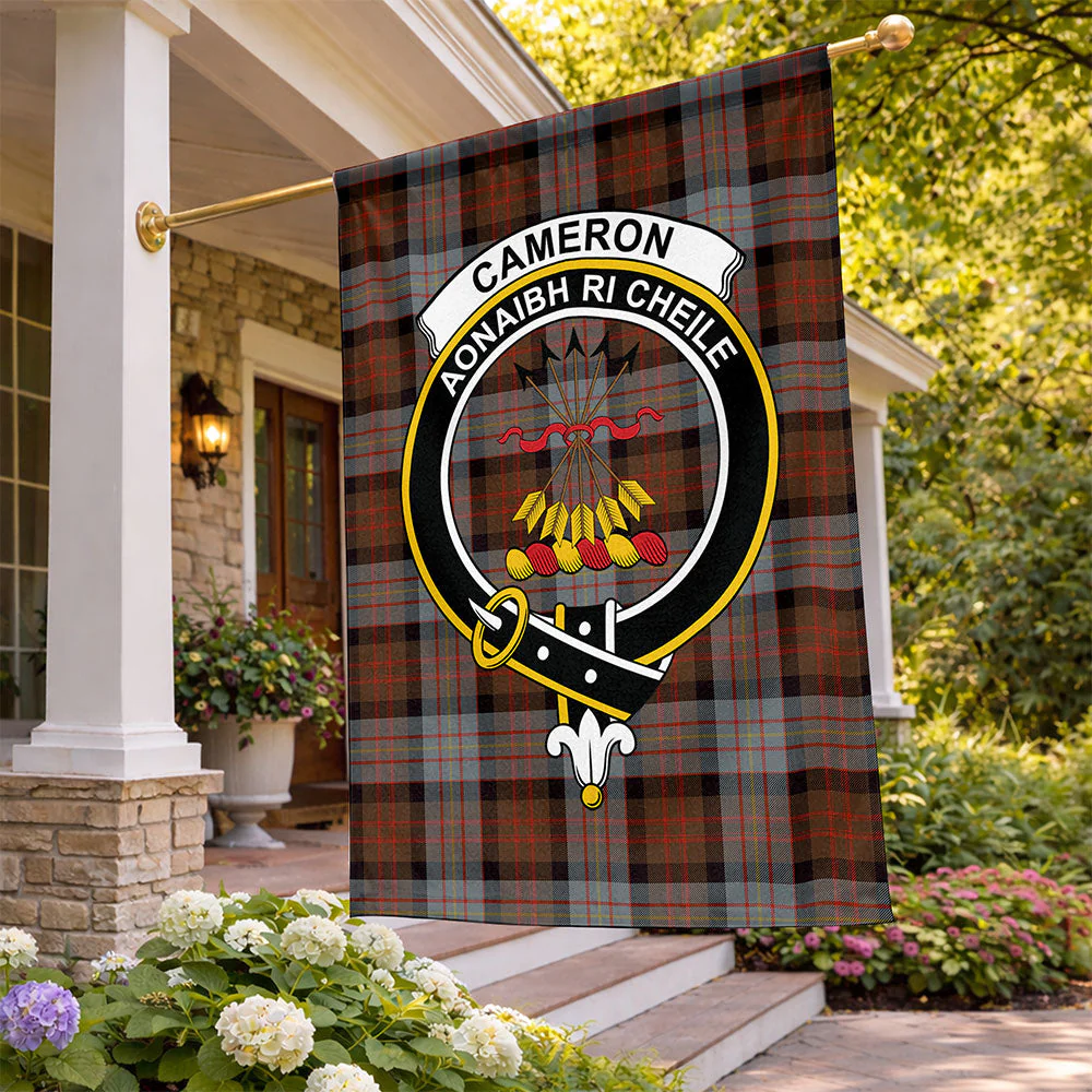 Scottish Cameron of Erracht Weathered Clan Badge Tartan Flag Parade Vertical Style