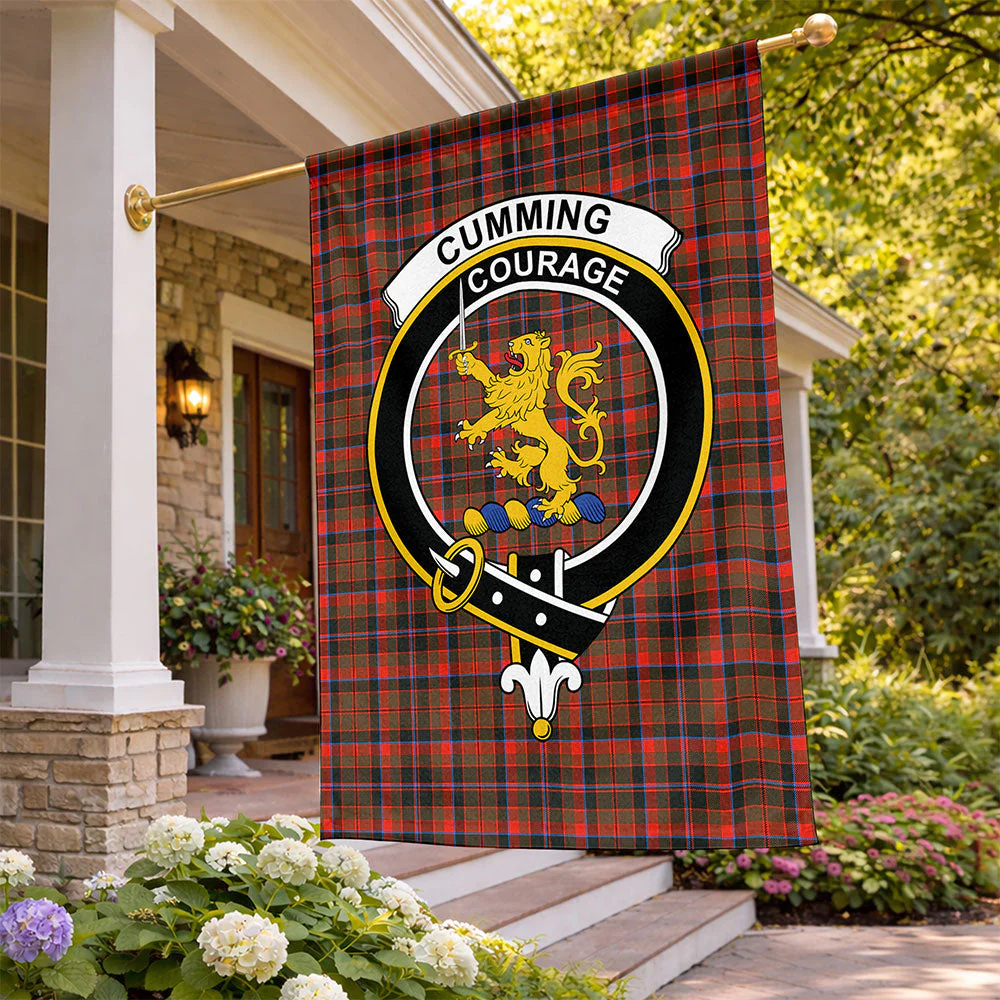 Scottish Cumming Hunting Weathered Clan Badge Tartan Flag Parade Vertical Style
