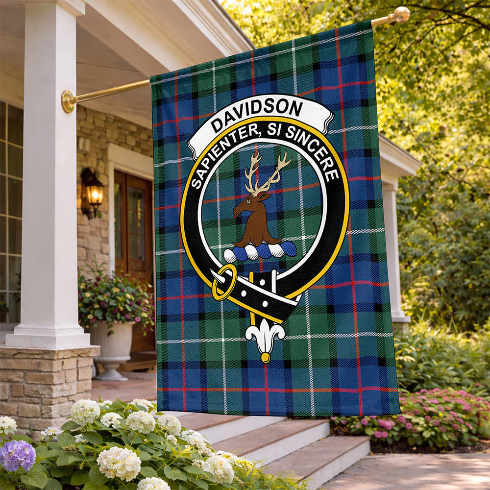 Scottish Davidson of Tulloch Clan Badge Tartan Flag Parade Vertical Style