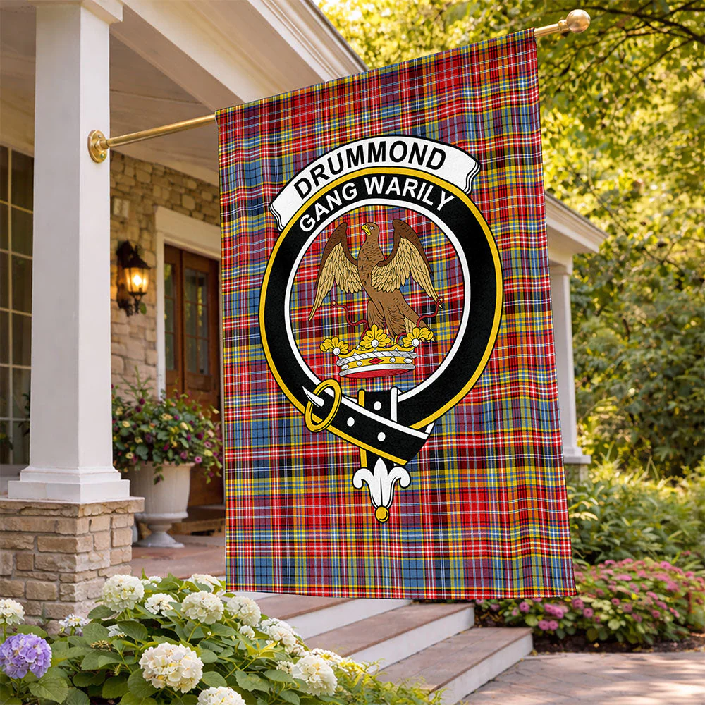 Scottish Drummond of Strathallan Clan Badge Tartan Flag Parade Vertical Style