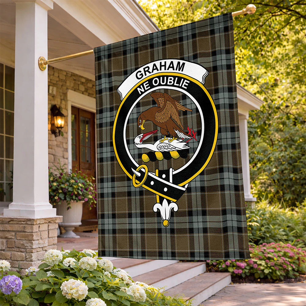 Scottish Graham of Menteith Weathered Clan Badge Tartan Flag Parade Vertical Style