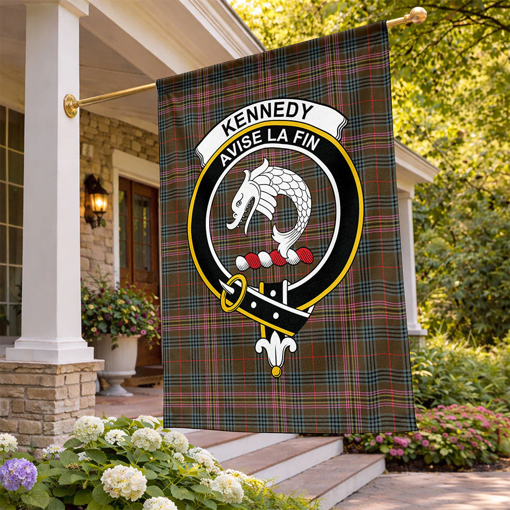 Scottish Kennedy Weathered Clan Badge Tartan Flag Parade Vertical Style