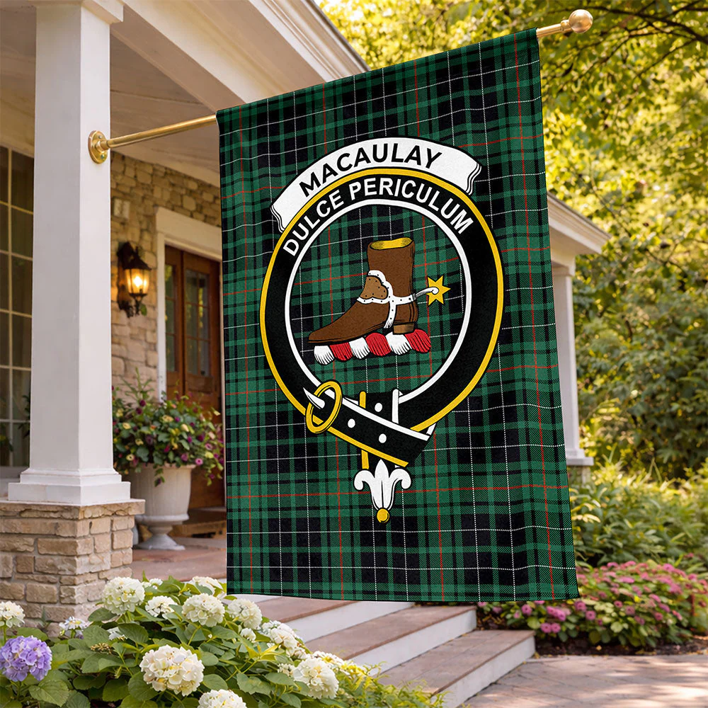 Scottish MacAulay Hunting Ancient Clan Badge Tartan Flag Parade Vertical Style