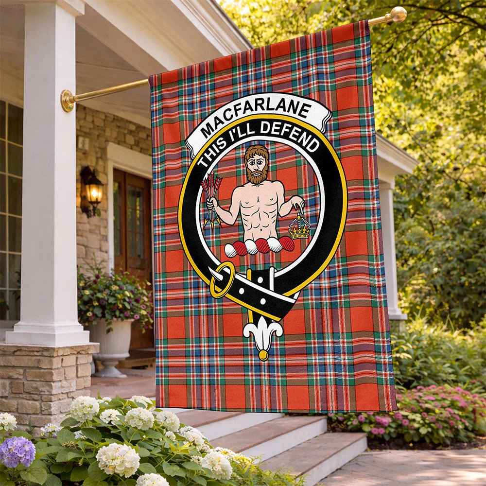 Scottish MacFarlane Ancient Clan Badge Tartan Flag Parade Vertical Style