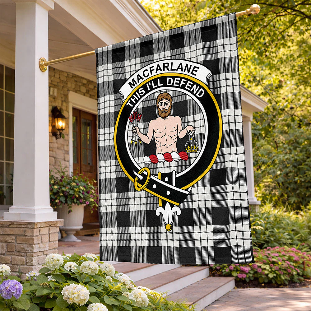 Scottish MacFarlane Black & White Ancient Clan Badge Tartan Flag Parade Vertical Style
