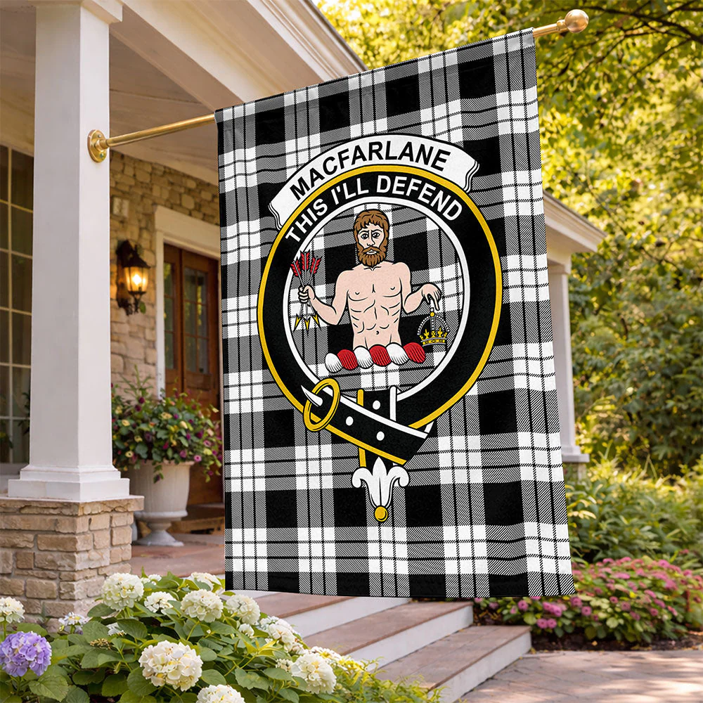 Scottish MacFarlane Black & White Clan Badge Tartan Flag Parade Vertical Style