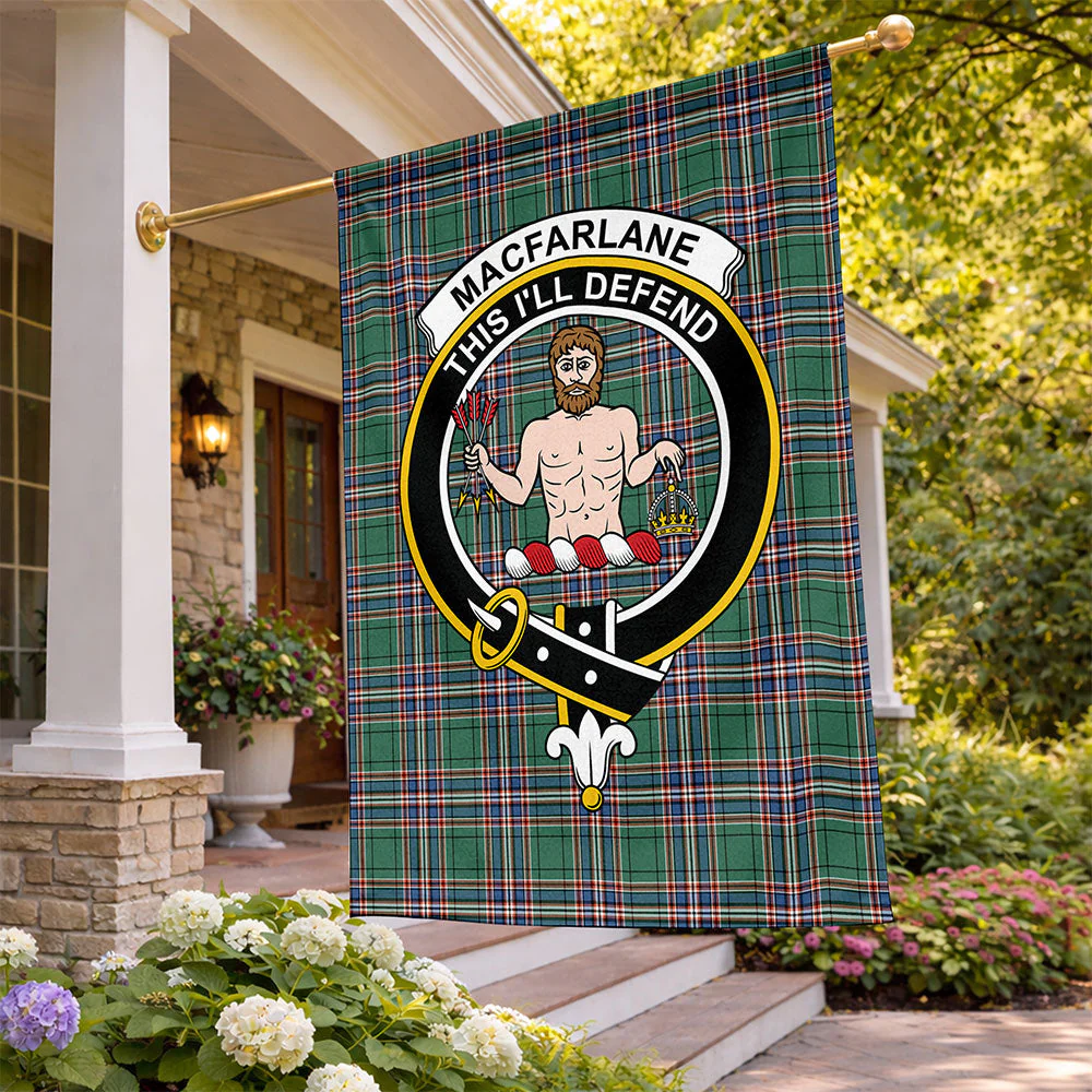 Scottish MacFarlane Hunting Ancient Clan Badge Tartan Flag Parade Vertical Style
