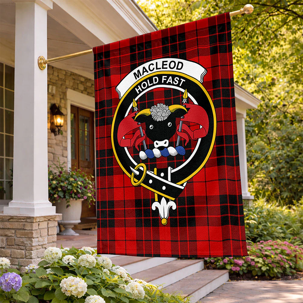 Scottish MacLeod of Raasay Clan Badge Tartan Flag Parade Vertical Style