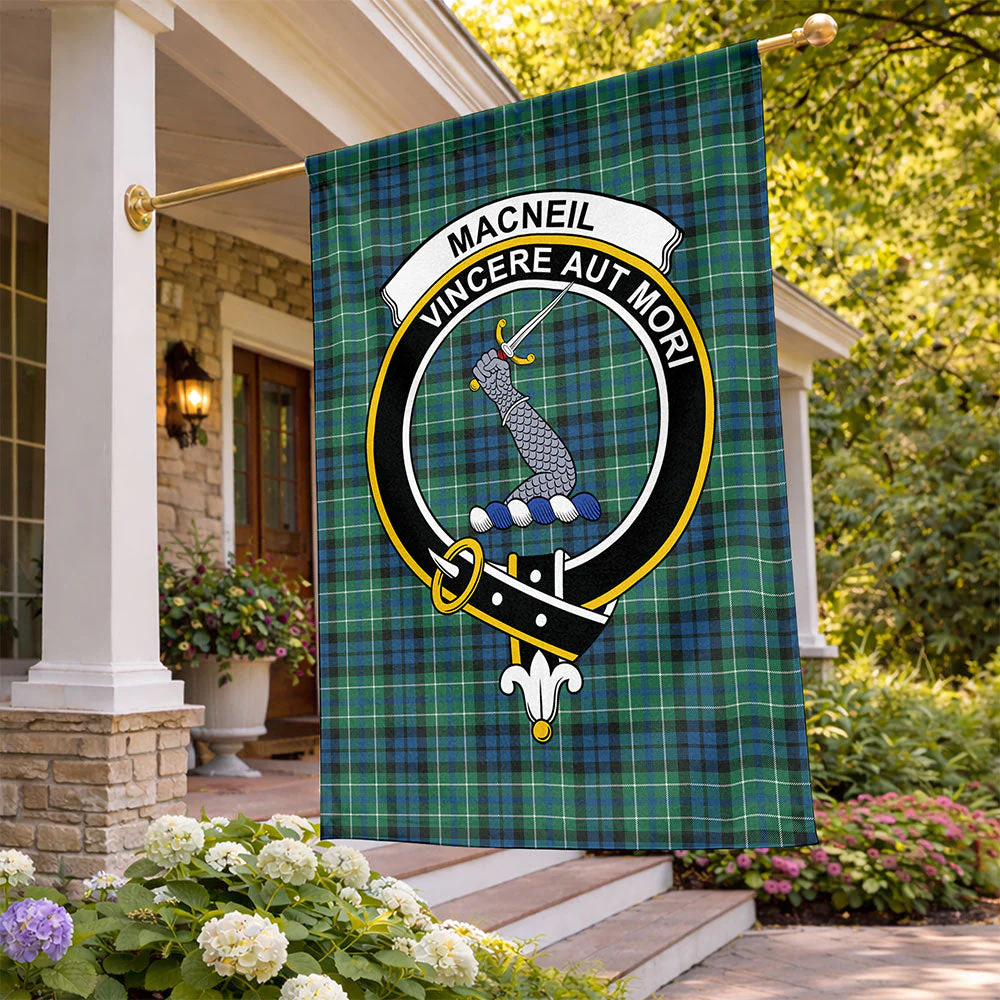 Scottish MacNeill of Colonsay Ancient Clan Badge Tartan Flag Parade Vertical Style