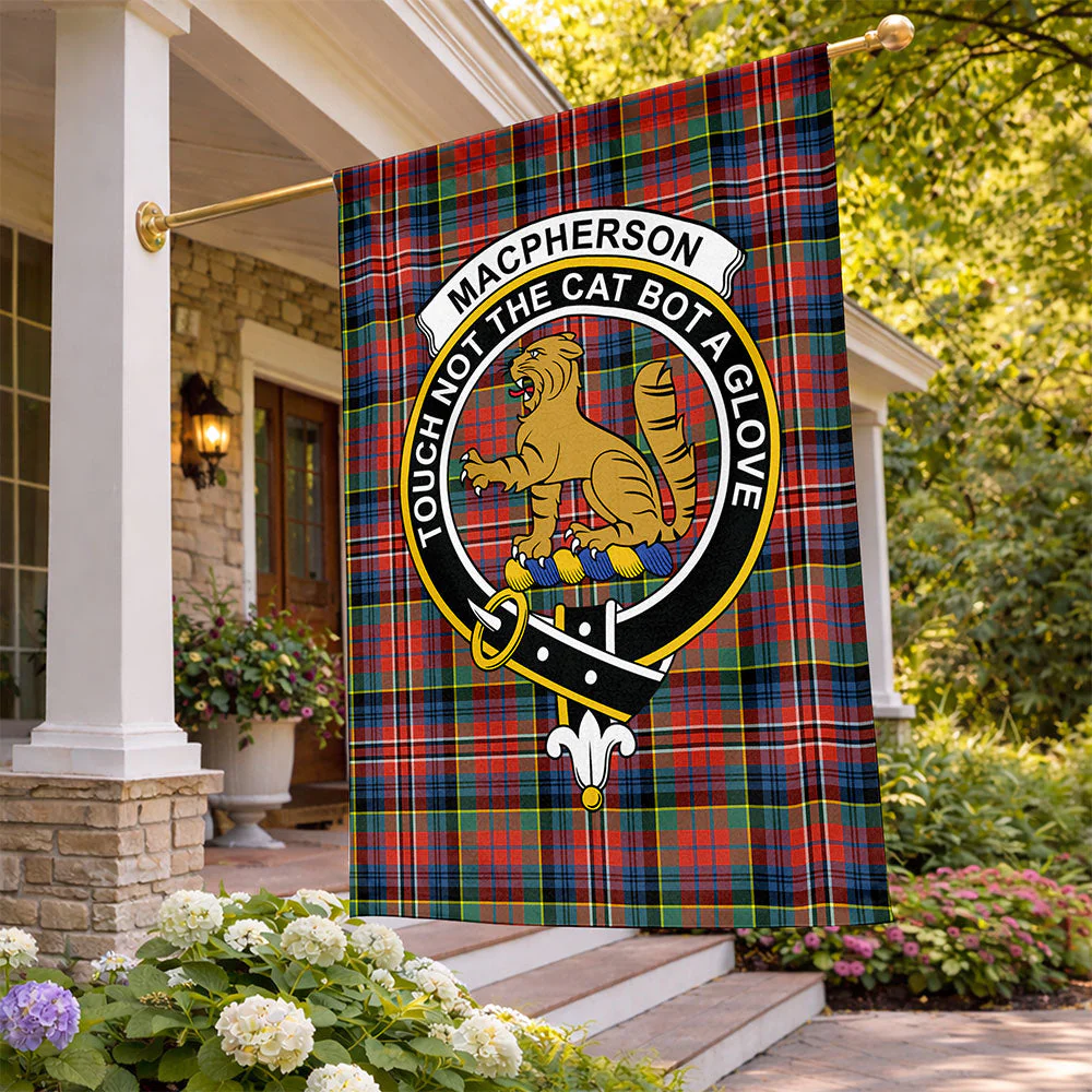Scottish MacPherson Ancient Clan Badge Tartan Flag Parade Vertical Style