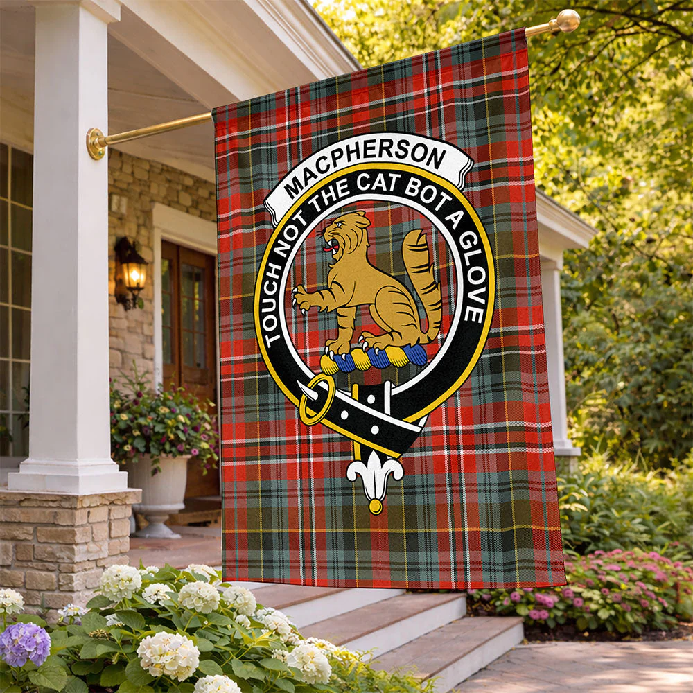 Scottish MacPherson Weathered Clan Badge Tartan Flag Parade Vertical Style