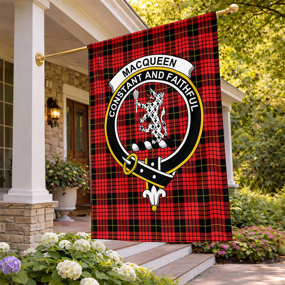 Scottish MacQueen Modern Clan Badge Tartan Flag Parade Vertical Style