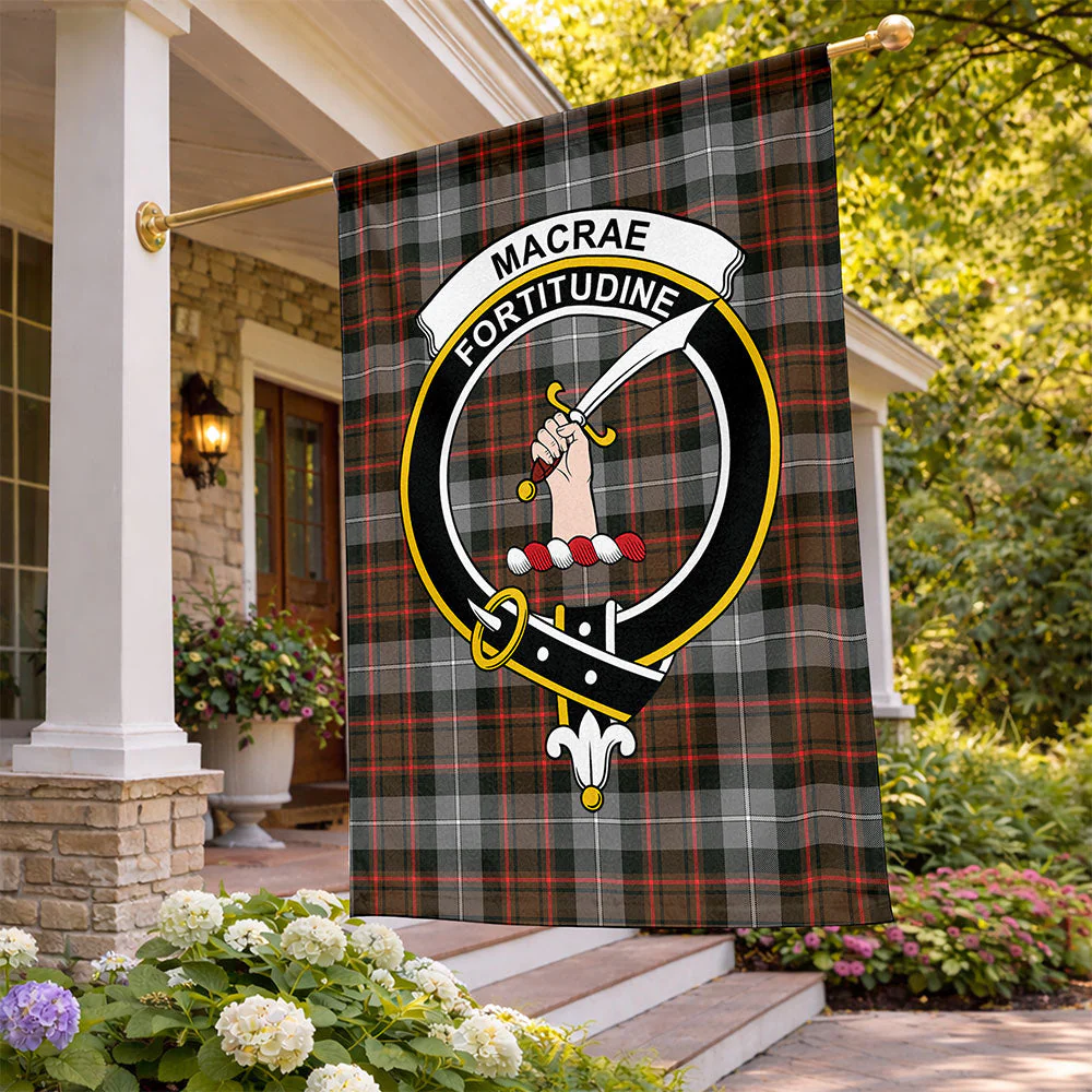 Scottish MacRae Hunting Weathered Clan Badge Tartan Flag Parade Vertical Style