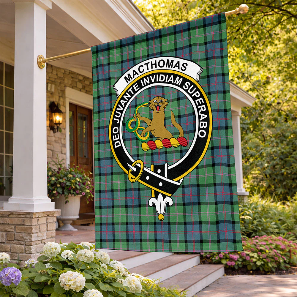 Scottish MacThomas Ancient Clan Badge Tartan Flag Parade Vertical Style