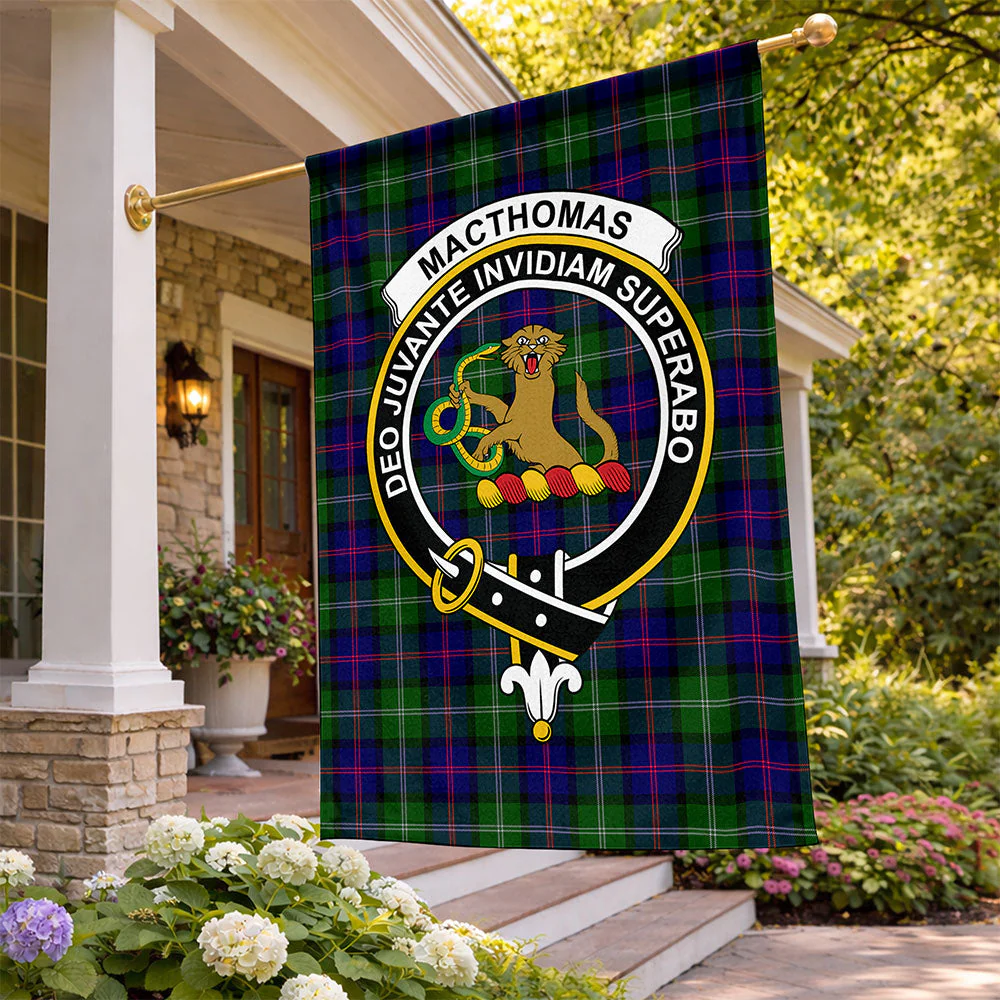 Scottish MacThomas Modern Clan Badge Tartan Flag Parade Vertical Style