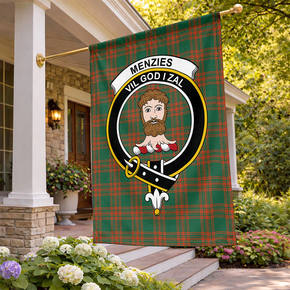 Scottish Menzies Green Ancient Clan Badge Tartan Flag Parade Vertical Style
