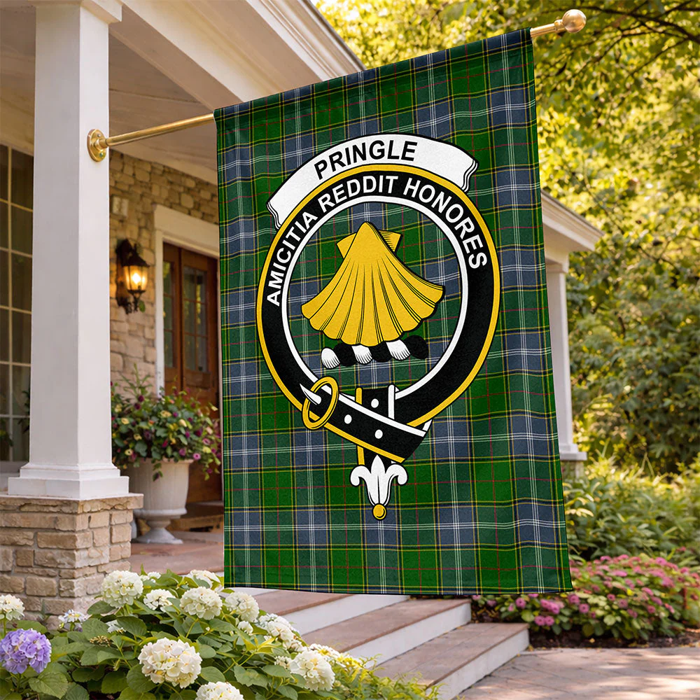 Scottish Pringle Clan Badge Tartan Flag Parade Vertical Style