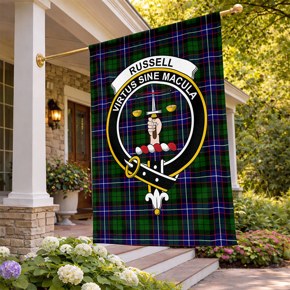 Scottish Russell Modern Clan Badge Tartan Flag Parade Vertical Style