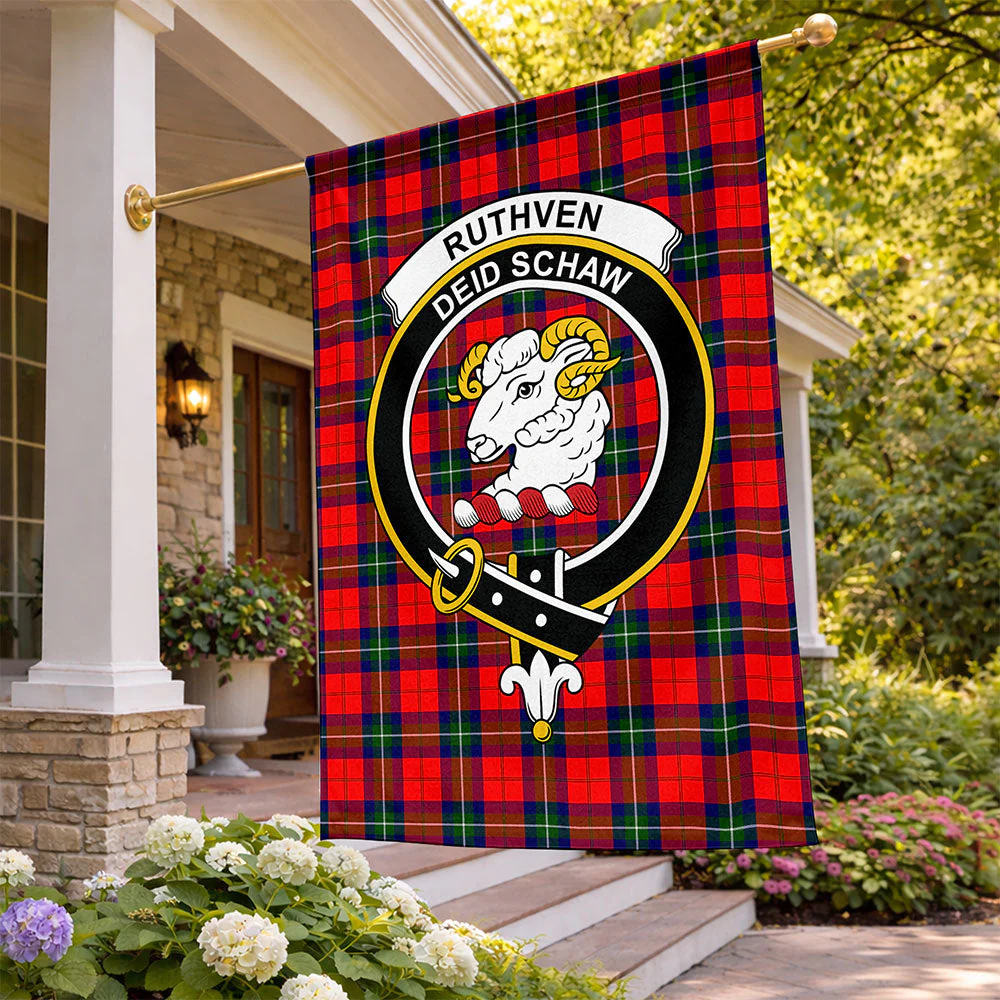 Scottish Ruthven Modern Clan Badge Tartan Flag Parade Vertical Style