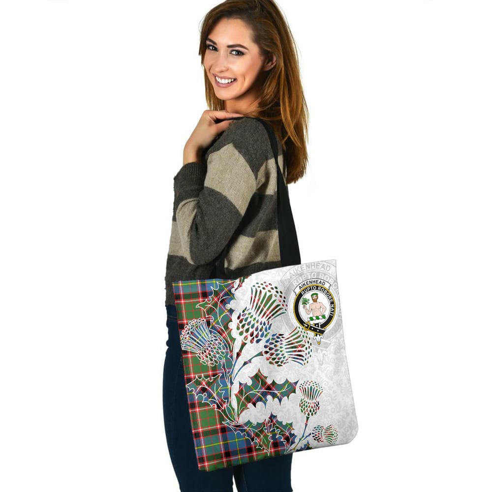 Scottish Aikenhead Clan Crest Tartan Tote Bag - Thistle Flowers Style - Image 3