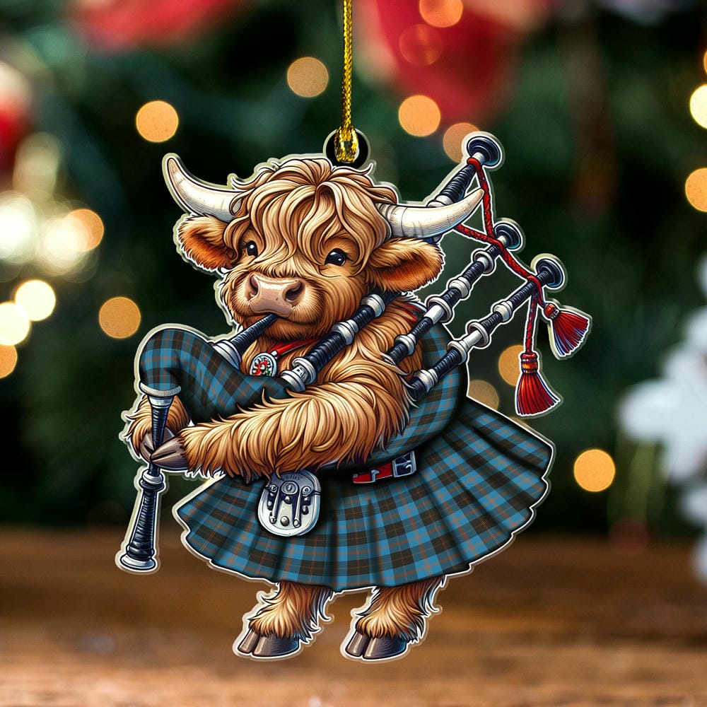 Scottish Angus Ancient Tartan Ornament Highland Cow Playing Bagpipes