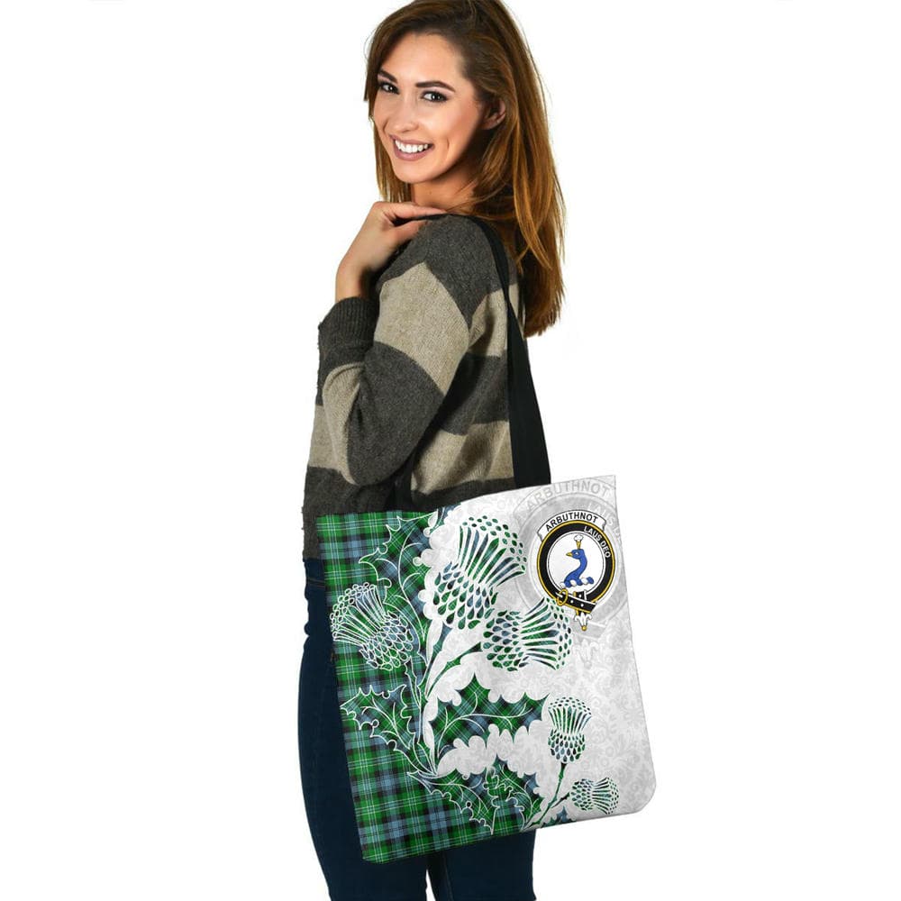Scottish Arbuthnot Clan Crest Tartan Tote Bag - Thistle Flowers Style - Image 3