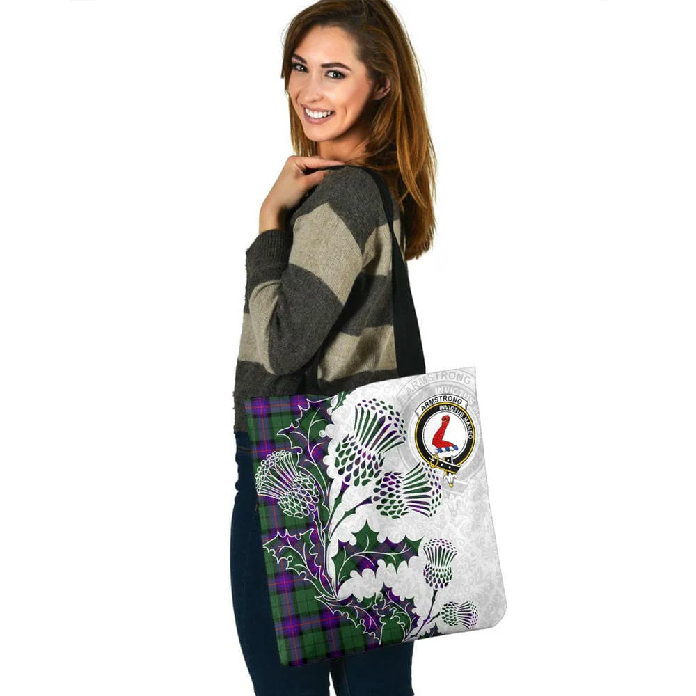 Scottish Armstrong Clan Crest Tartan Tote Bag - Thistle Flowers Style - Image 3