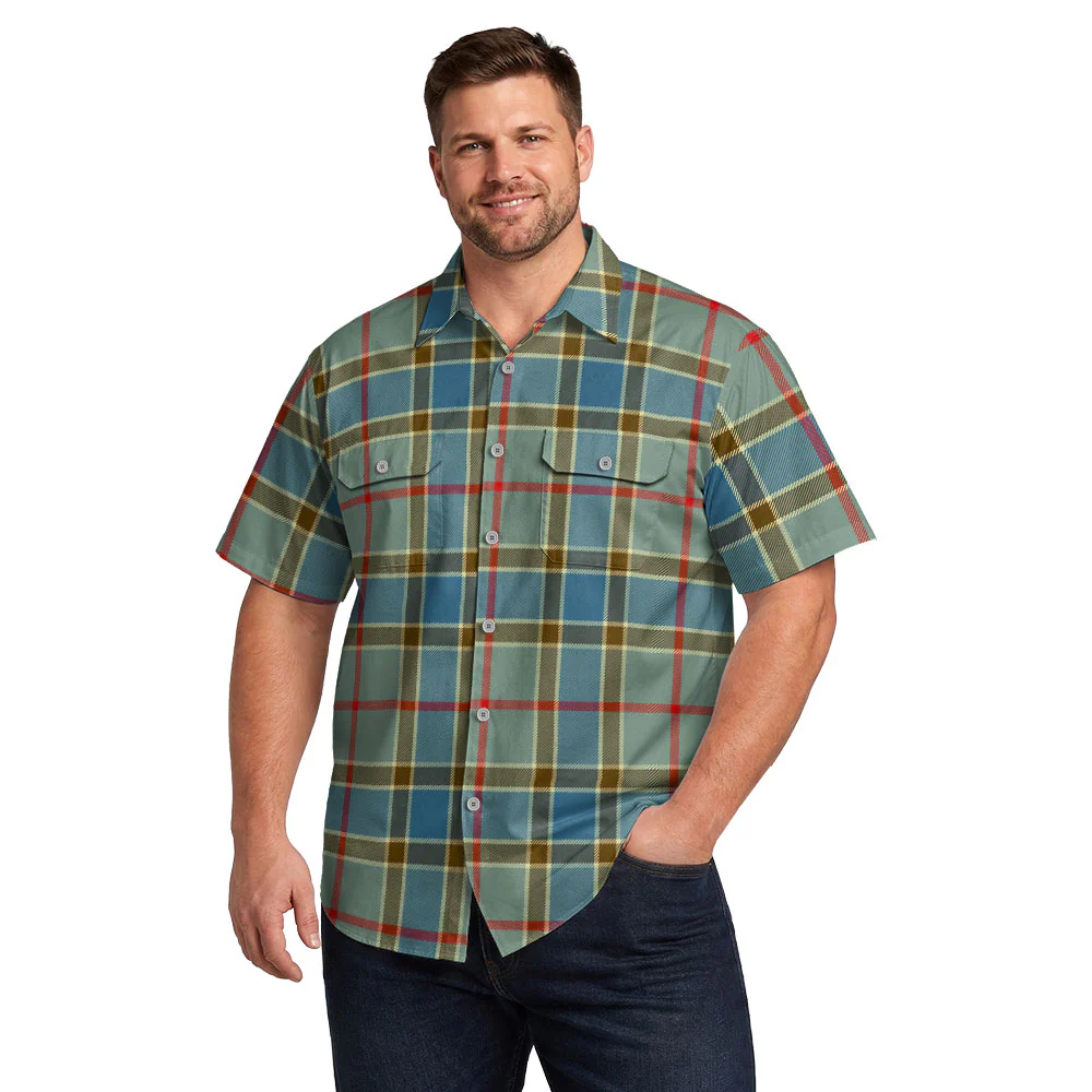 Scottish Balfour Blue Clan Badge Tartan Short Sleeve Work Shirt - Image 4