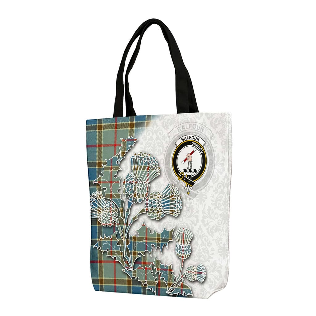 Scottish Balfour Clan Badge Tartan Canvas Bag With Shoulder Straps - Thistle Flowers Style