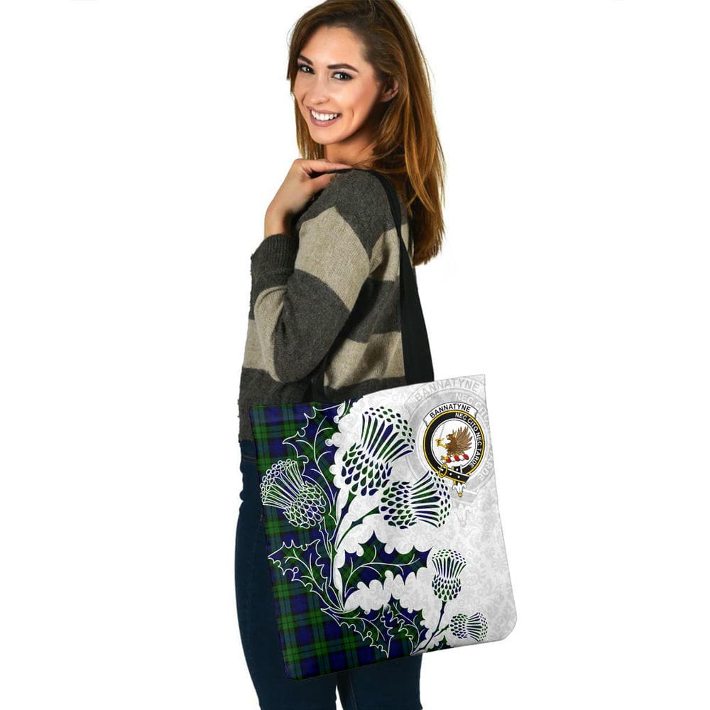 Scottish Bannatyne Clan Crest Tartan Tote Bag - Thistle Flowers Style - Image 3