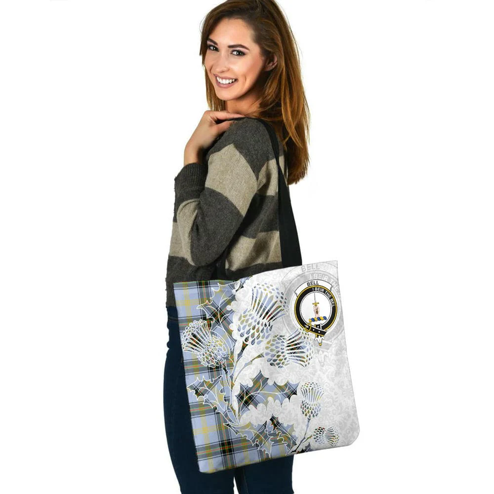 Scottish Bell Clan Crest Tartan Tote Bag - Thistle Flowers Style - Image 3