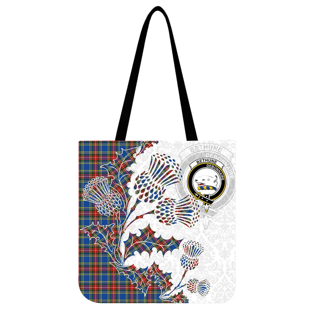 Scottish Bethune Clan Crest Tartan Tote Bag - Thistle Flowers Style