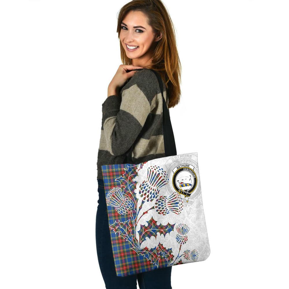 Scottish Bethune Clan Crest Tartan Tote Bag - Thistle Flowers Style - Image 3