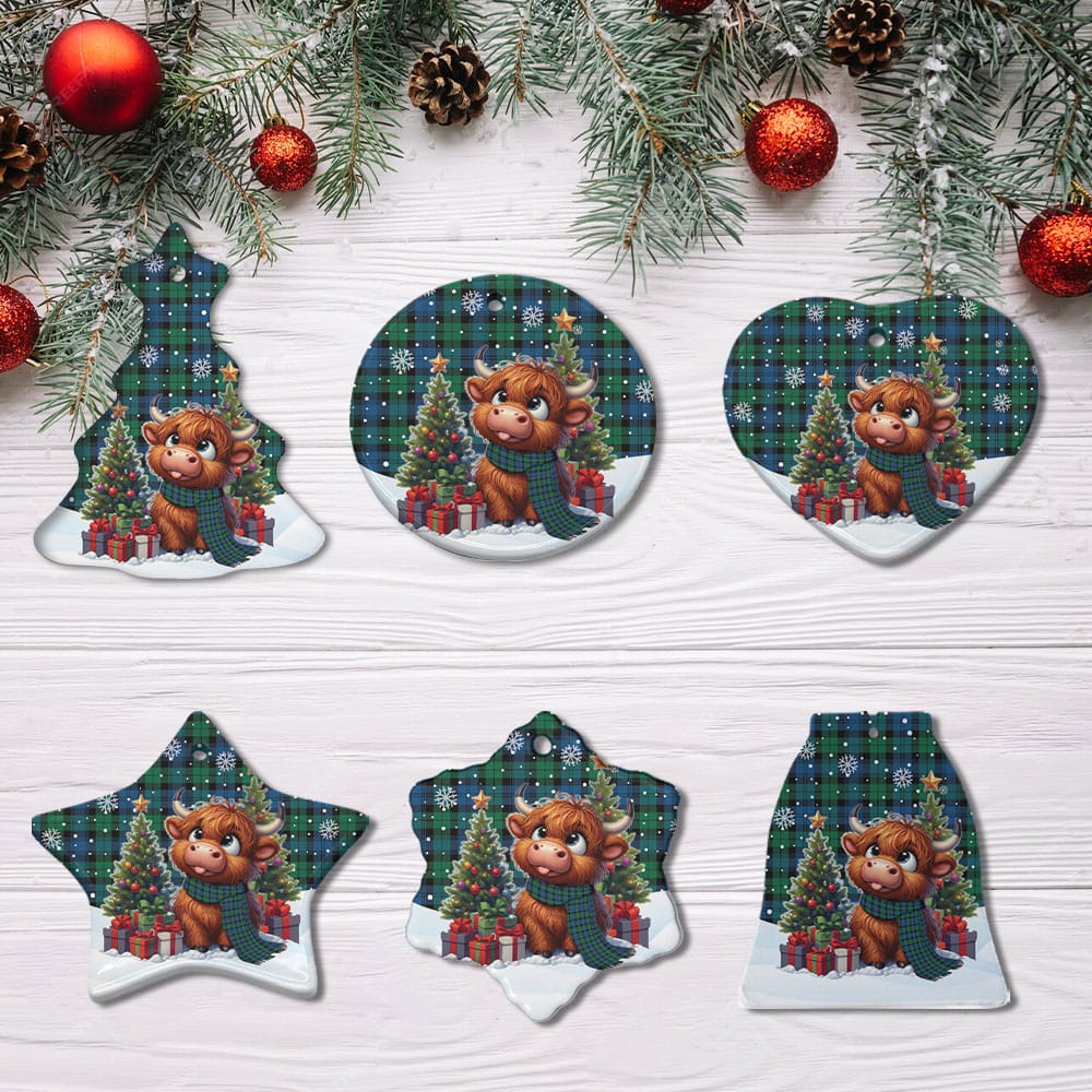 Scottish Blackwatch Ancient Tartan Ceramic Ornament Cute Highland Cow Christmas