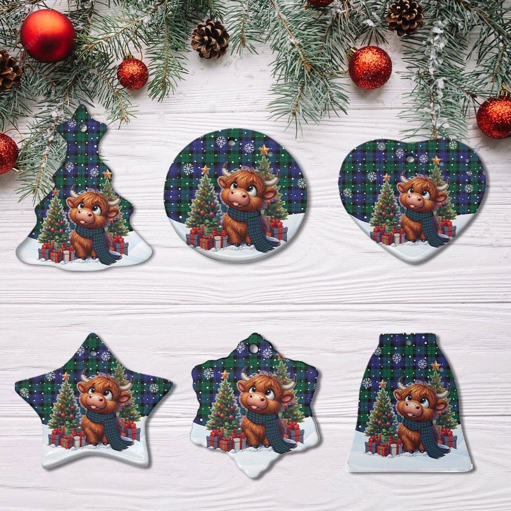 Scottish Blackwatch Modern Tartan Ceramic Ornament Cute Highland Cow Christmas