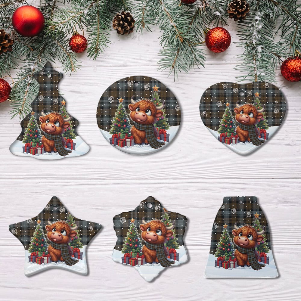 Scottish BlackWatch Weathered Tartan Ceramic Ornament Cute Highland Cow Christmas