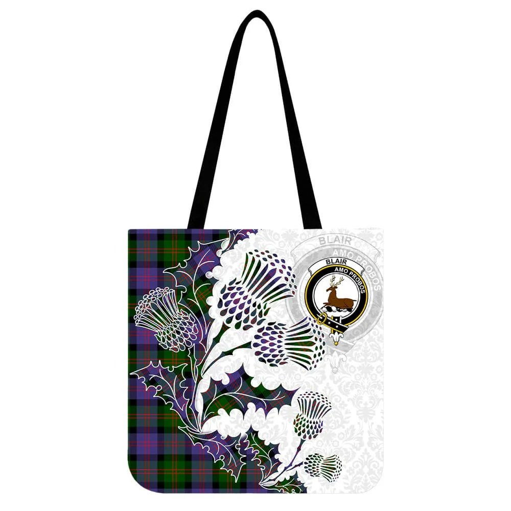 Scottish Blair Clan Crest Tartan Tote Bag - Thistle Flowers Style