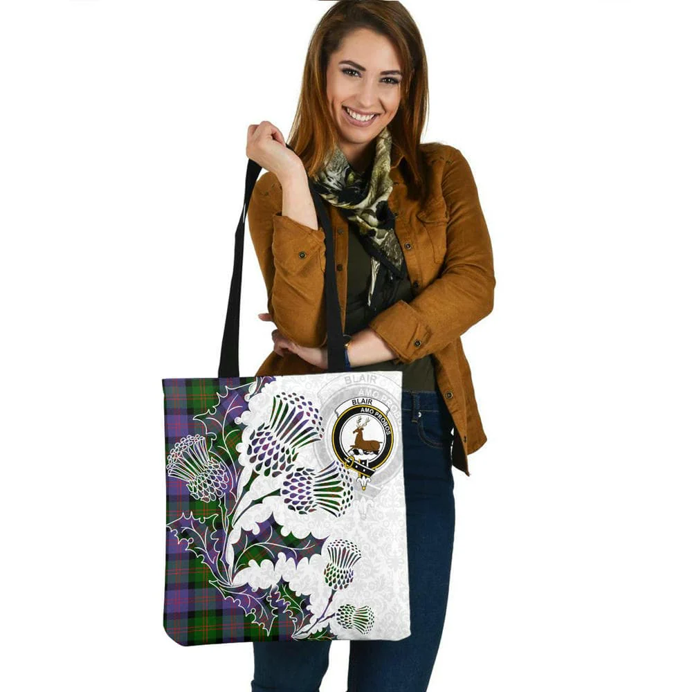 Scottish Blair Clan Crest Tartan Tote Bag - Thistle Flowers Style - Image 2