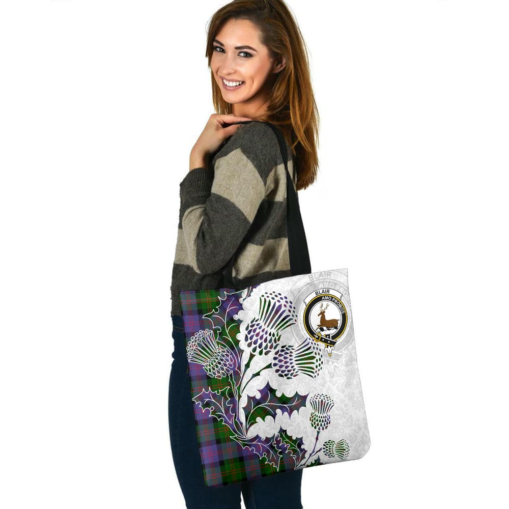 Scottish Blair Clan Crest Tartan Tote Bag - Thistle Flowers Style - Image 3