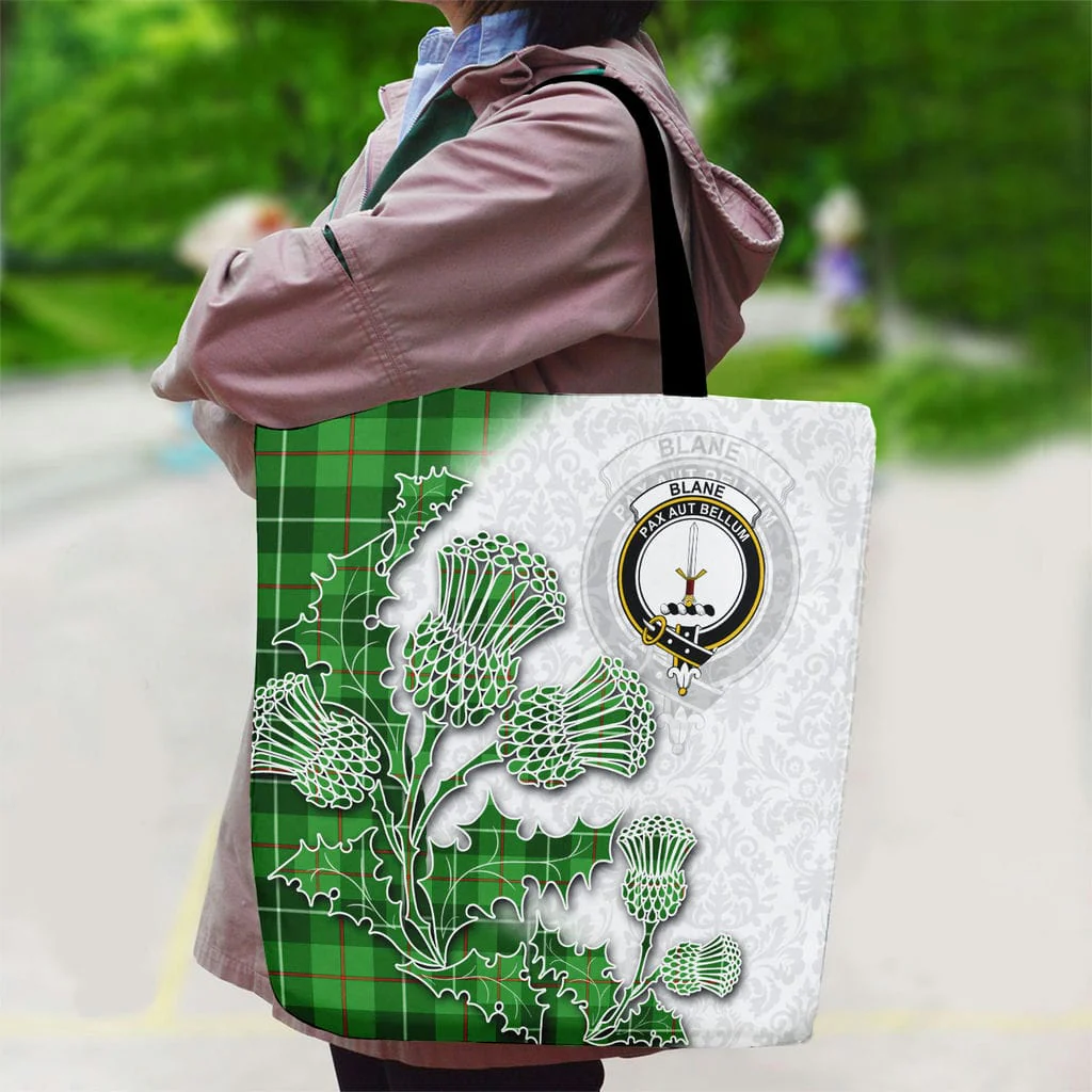 Scottish Blane Clan Badge Tartan Canvas Bag With Shoulder Straps - Thistle Flowers Style - Image 2