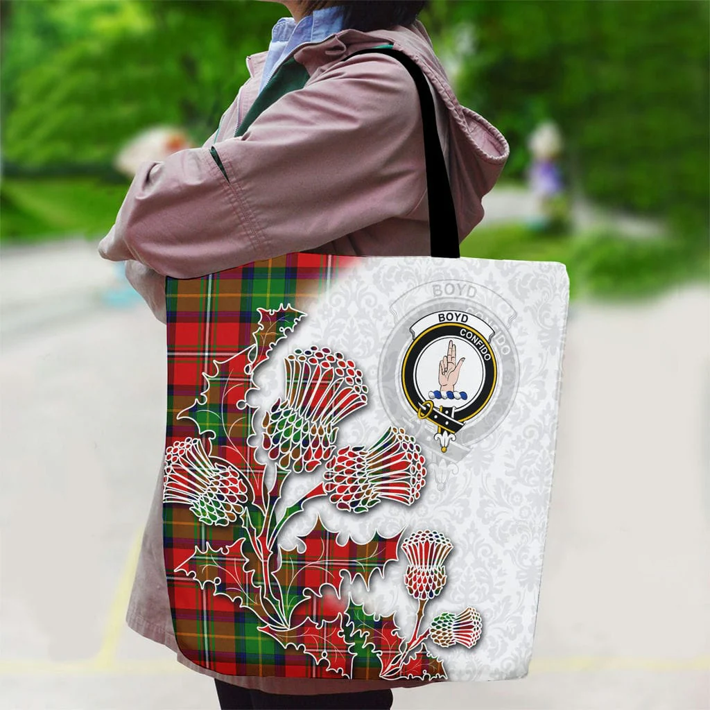 Scottish Boyd Clan Badge Tartan Canvas Bag With Shoulder Straps - Thistle Flowers Style - Image 2