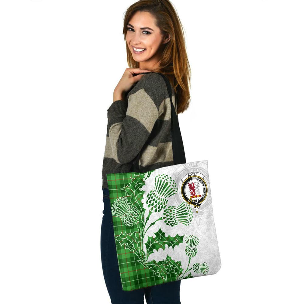 Scottish Boyle Clan Crest Tartan Tote Bag - Thistle Flowers Style - Image 3
