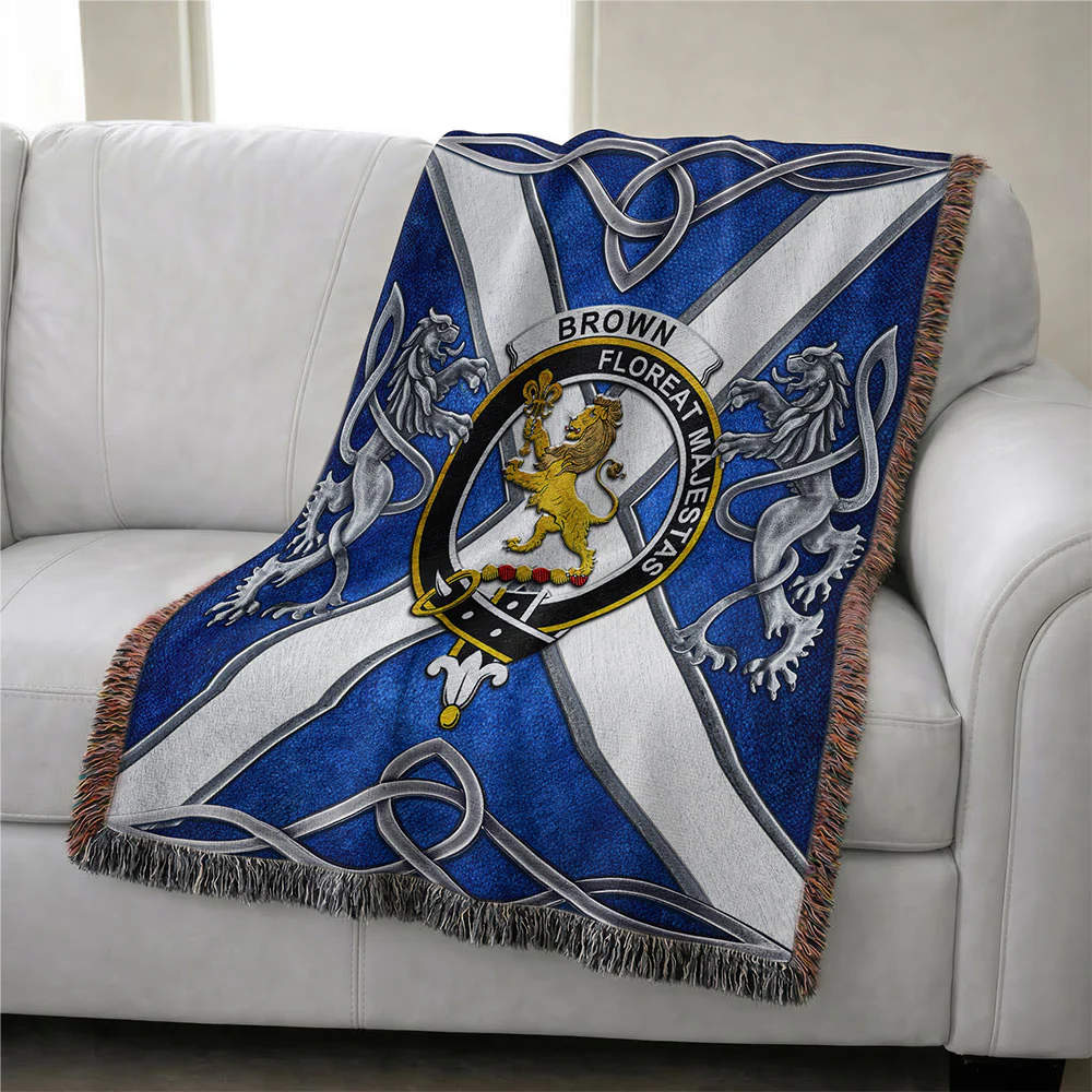 Scottish Brown Clan Badge Woven Blanket Silver Rampant Lion Emblem - Image 3