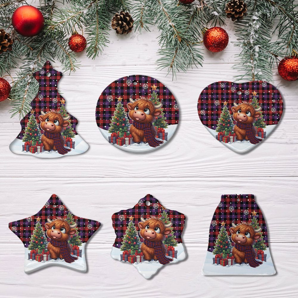 Scottish Brown Modern Tartan Ceramic Ornament Cute Highland Cow Christmas