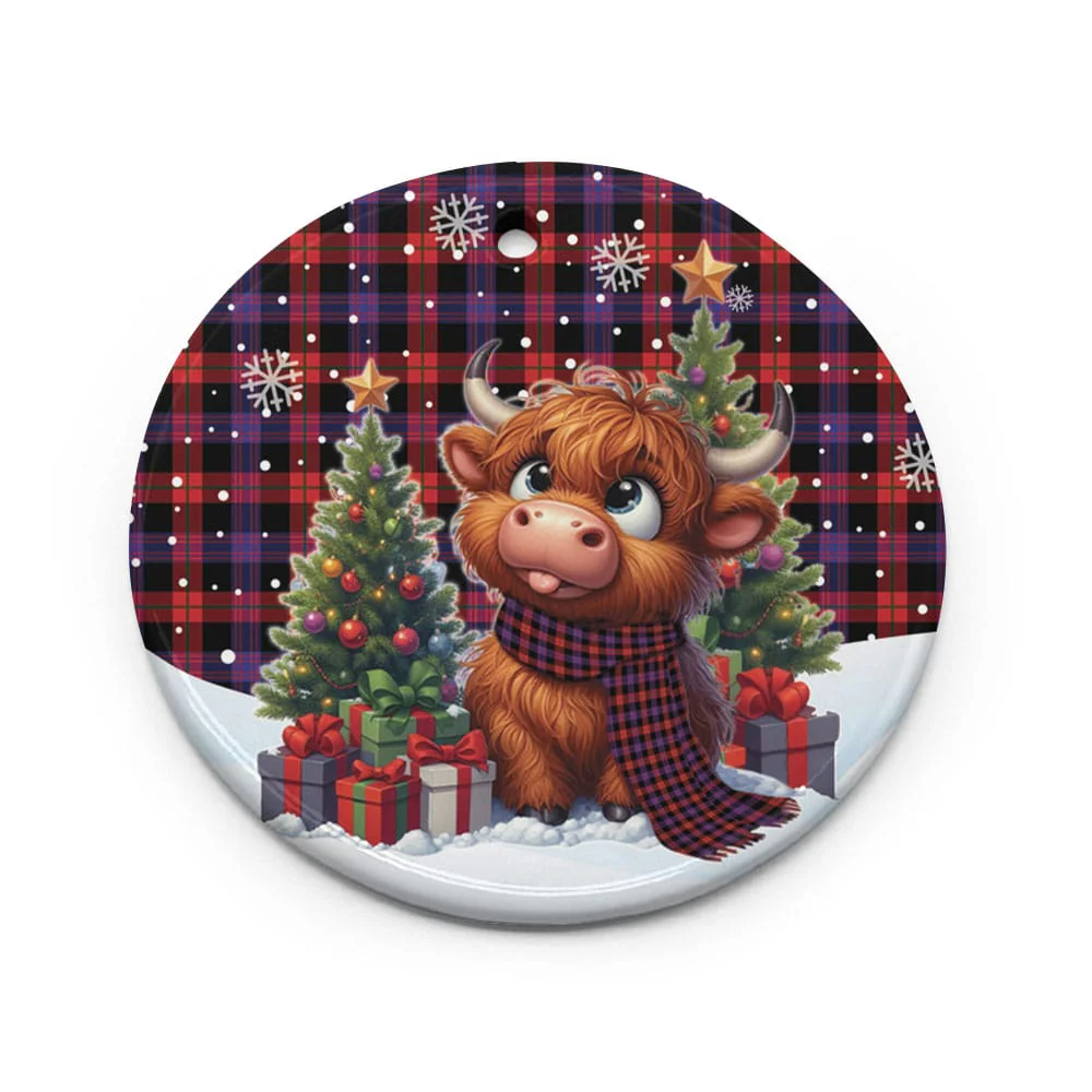 Scottish Brown Modern Tartan Ceramic Ornament Cute Highland Cow Christmas - Image 2