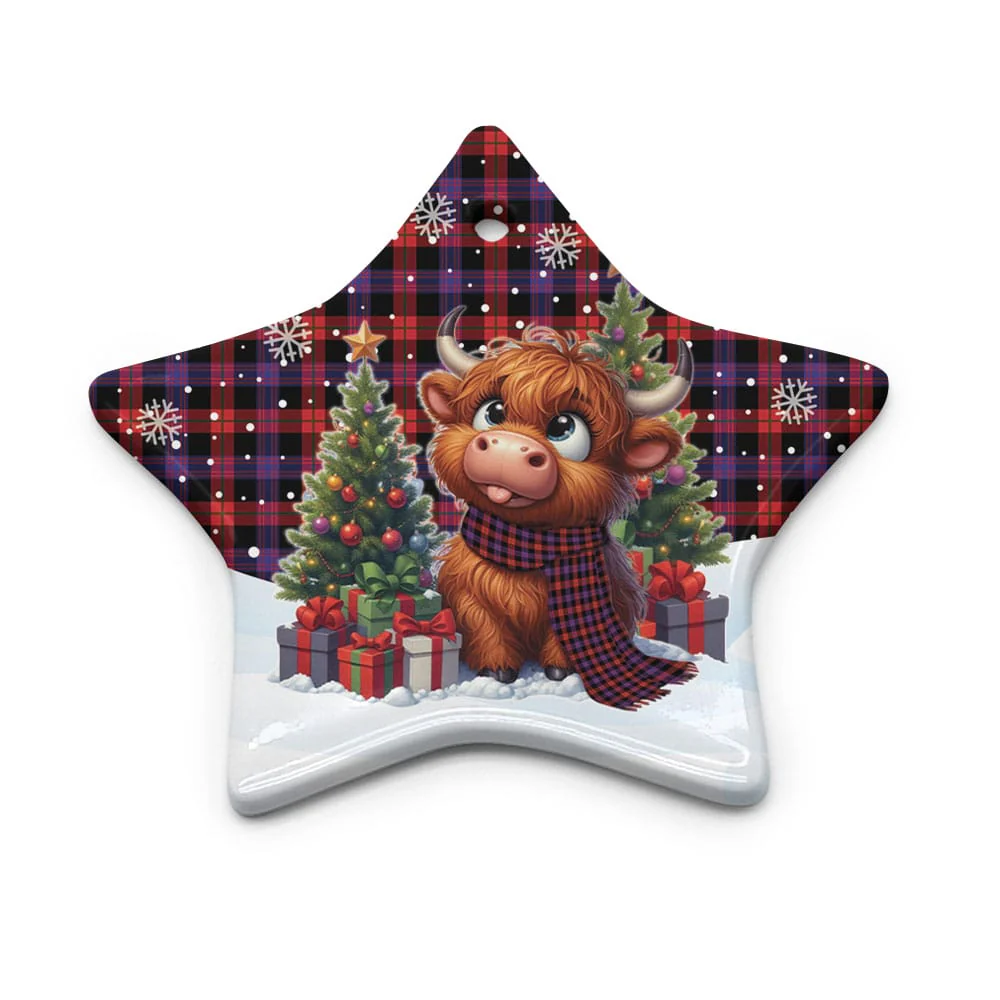 Scottish Brown Modern Tartan Ceramic Ornament Cute Highland Cow Christmas - Image 5