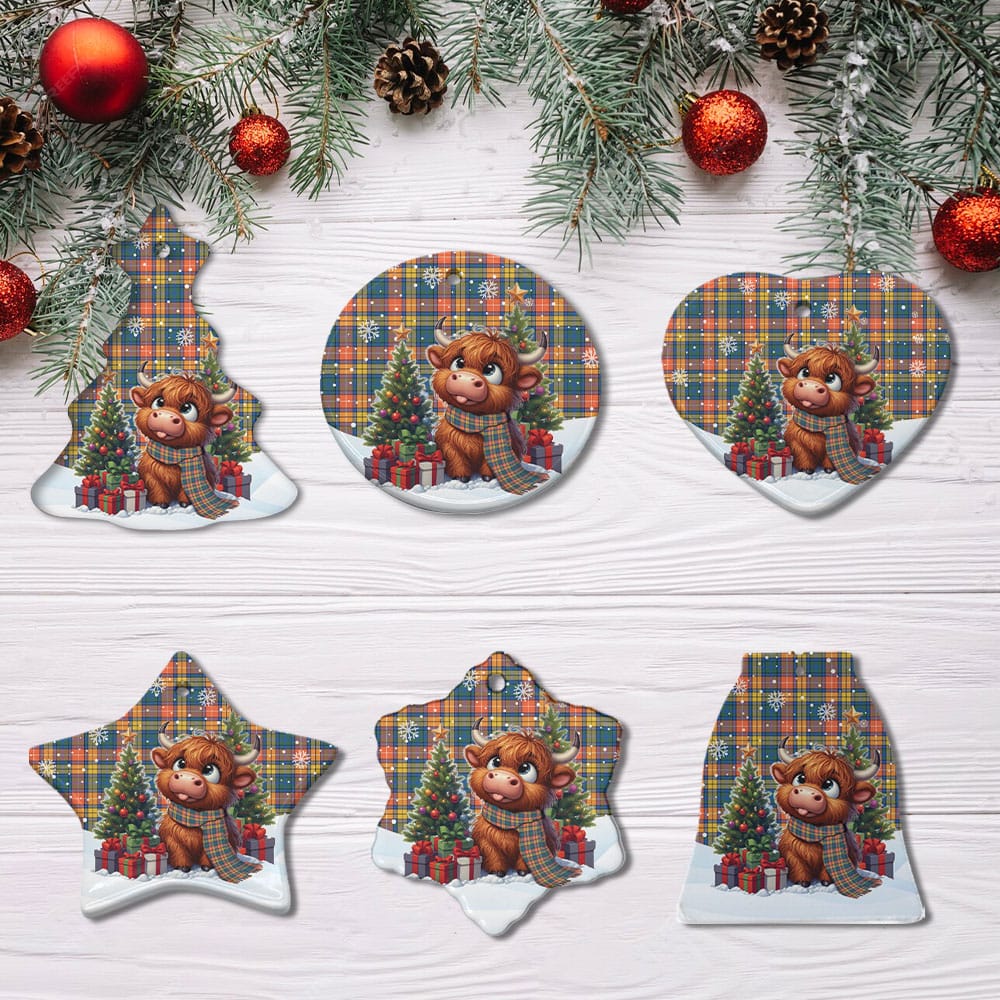 Scottish Buchanan Ancient Tartan Ceramic Ornament Cute Highland Cow Christmas
