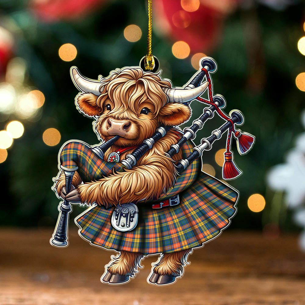 Scottish Buchanan Ancient Tartan Ornament Highland Cow Playing Bagpipes