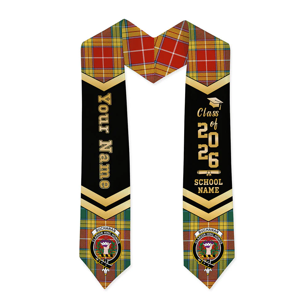 Scottish Buchanan Old Sett Clan Badge Tartan Graduation Stole Black Gold Honor