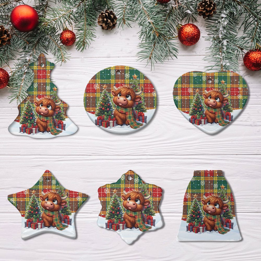 Scottish Buchanan Old Sett Tartan Ceramic Ornament Cute Highland Cow Christmas